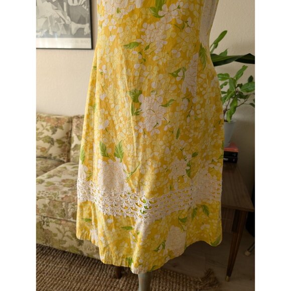 Dash About Dress VTG 60s Women's Yellow Cotton Rayon Floral A Line Mod Size 14 - Picture 3 of 11